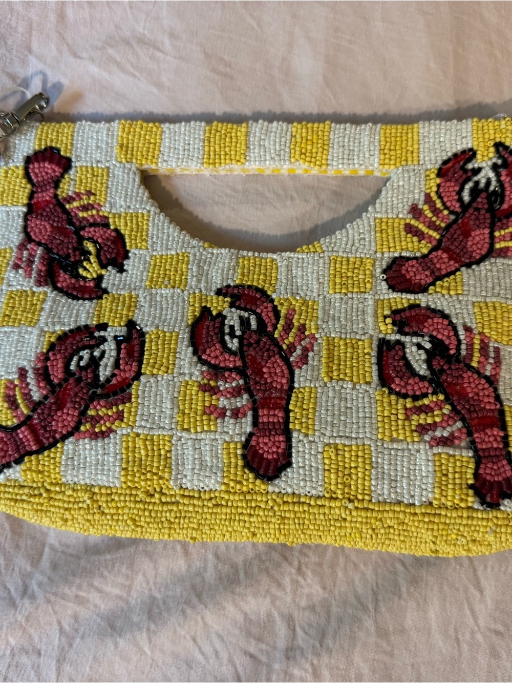 Viral yellow & White Beaded Clutch with red Lobster Motif lobster charm
